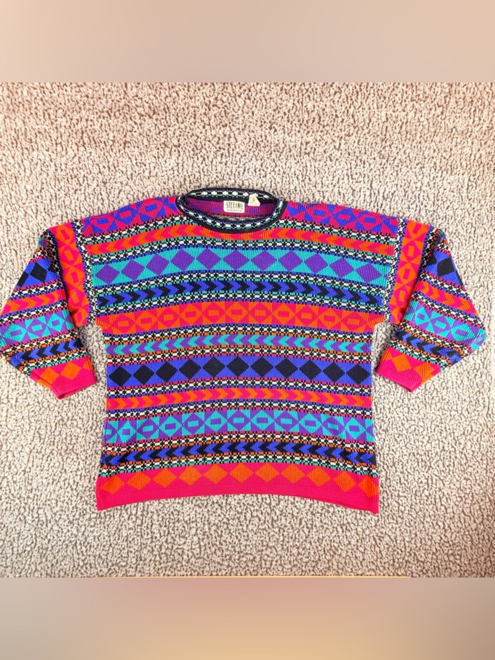 Vintage 80/90’s Stefano Sweater Mens L Colorful Coogi Style Geometric Knit Korea